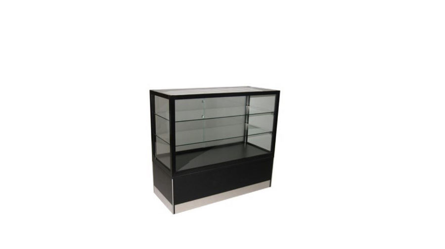 PSC1- Glass Showcase. Glass showcase with lockable storage and display. Internal LED lighting. Stainless steel kicker. Lockable castor wheels to base. Sliding doors to rear. 950H x 1200W x 450