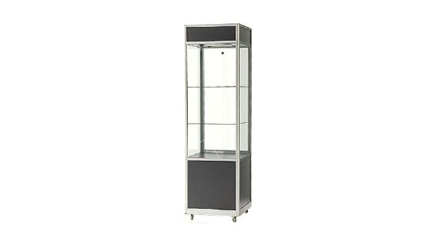 PSC2- Glass Showcase. Glass showcase with lockable storage and display. Internal LED lighting. Lockable castor wheels to base. Sliding doors to rear. 2000H x 600W x 600D