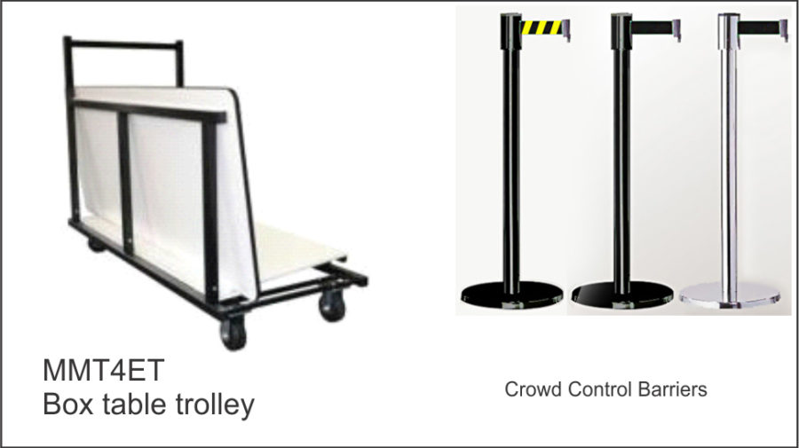 MMT4ET Box table trolley. Holds six tables. Black powder coated steel frame. Lockable castor wheels to base. Crowd Control Barriers