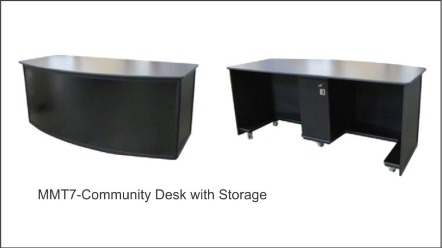 MMT7 COMMUNITY DESK WITH STORAGE Anodised aluminium external frame. Allows for two people to sit behind. Square hollow section steel base frame mounted to six lockable heavy duty castors. 16mm black melamine top with a protective PVC T-Mould to all edges. The front and end panels are black vinyl covered. Colour bond metal front for magnetic client graphics