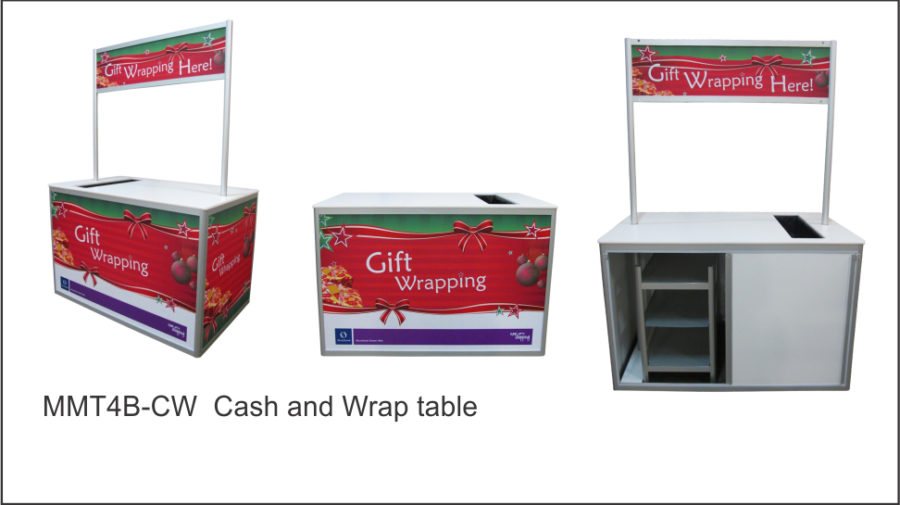 MMT4B- CW Cash and Wrap table. Full aluminium frame. Folds flat for storage. Paper roll compartment to bench top. Storage to base with padlock facility. Changeable graphic area to front and ends. • Gift wrapping table dimensions: 1460mmW X 900mmD x 960mmH