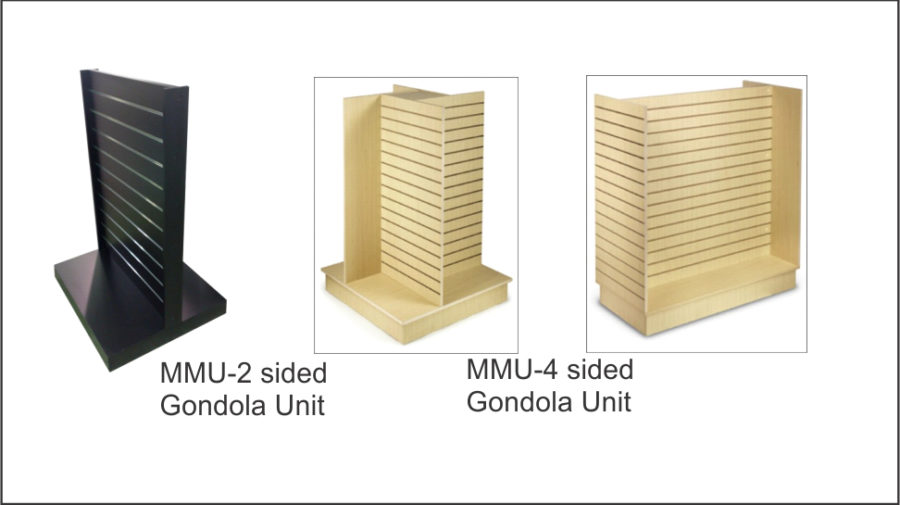 MMU - 2 sided Gondola unit. Comes with eight shelves with hang facility. Lockable castors to base. Wide range of wood grains and colours. MMU - 4 sided Gondola unit. Comes with eight shelves with hang facility. Lockable castors to base. Wide range of wood grains and colours