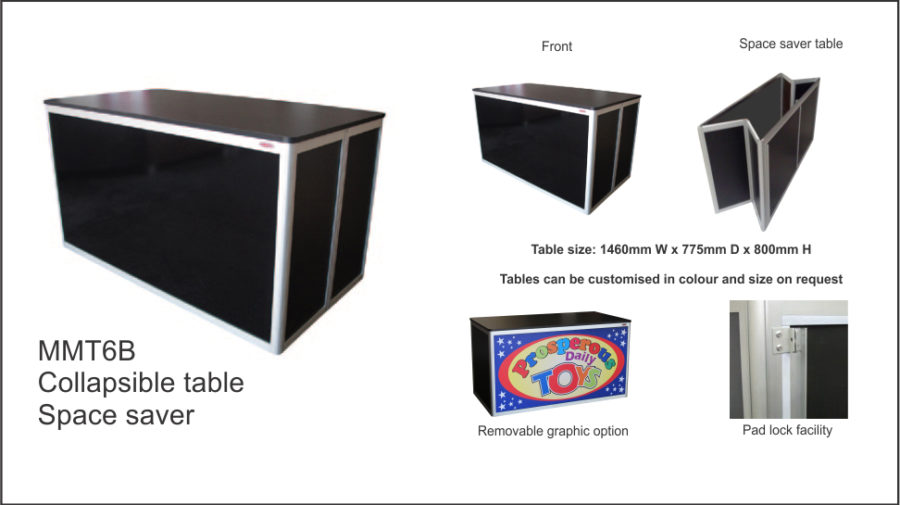 MMT6B – Black (flush top ) Space saver collapsible Table. Pad lock facility.