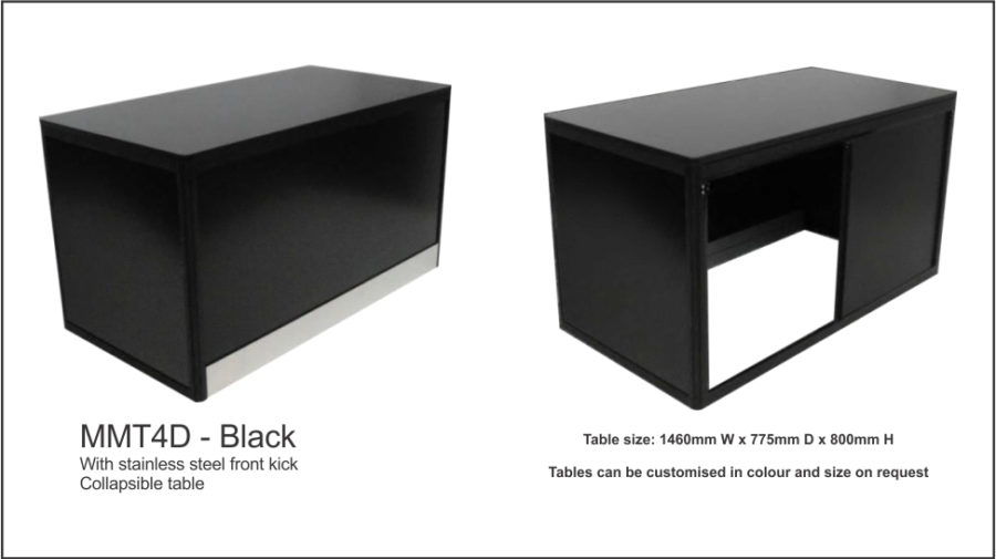 MMT4D – Black (flush top) Folds flat for storage. Sliding doors to rear with facility for padlock. Black colour bond front panel. Flush 18mm black melamine top with ABS edge. Black anodised aluminium frame. Black vinyl covered MDF to sides and doors. Image adheres to front colourbond panel with magnetic tape. 120mm No.8 polished stainless steel kicker to front only. Internal aluminium bracing bars