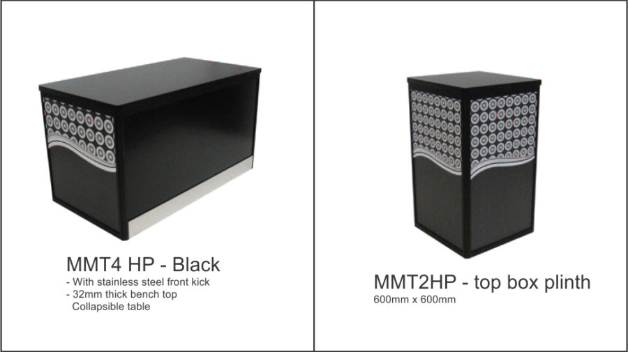 MMT4HP – Black (flush top) with stainless steel front kick and 32mm top. Flush 32mm top box table, black base and. top with black anodised aluminium frame and. stainless steel kicker to front. Custom print to ends from your design. Colorbond front panel for client graphics. Folds flat for storage. Sliding doors to rear with padlock facility. MMT2HP – 600 x 600. Flush 18mm top box plinth, black base and top. with black anodised aluminium frame. Option for graphic panels to all sides. Folds flat for storage.