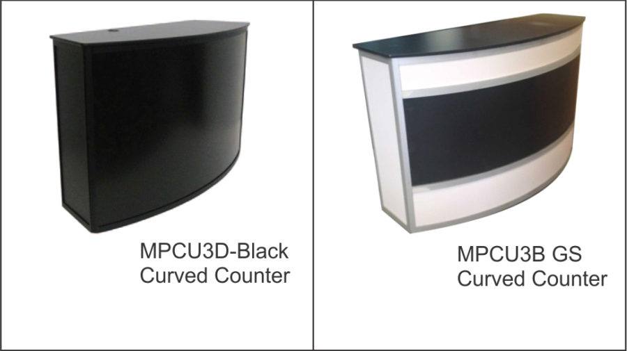 MPCU3D ( all black ) Curved front counter unit (large) in black with black anodised frame. Colorbond front panel for client graphics. Parcel shelf to rear. Cable port. Lockable castor wheels to base. Sliding doors to rear with padlock facility.MPCU3B GS Curved front counter unit (large) clear anodised frame. Slide in acrylic front panel for client graphics. Parcel shelf to rear. Cable port. Lockable castor wheels to base. Sliding doors to rear with padlock facility.